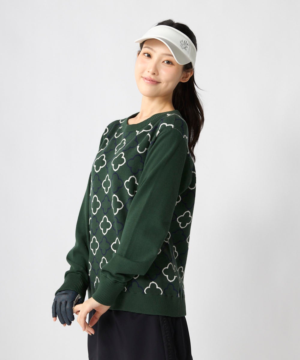 【新品タグ付】ジュエリープリントハイネックシャツ マーブルグリーン 2WAY/衿取り外し可】蓄熱裏地付きモノグラム柄タートルネックニット
